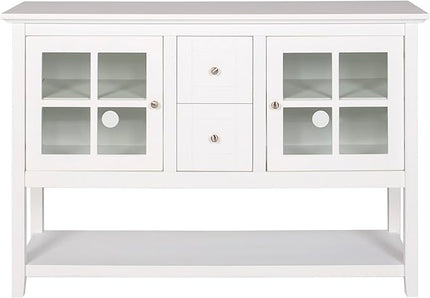 Walker Edison Charlotte Classic Glass Door Storage Buffet, 52 Inch, White - LeafyLoom