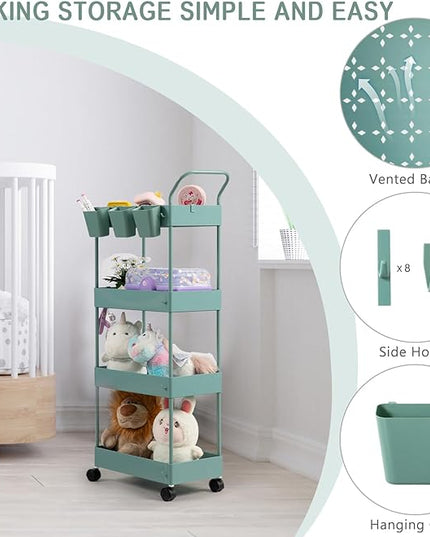 danpinera Slim Storage Cart on Wheels, 4 Tier Narrow Laundry Cart with Hooks Hanging Cups Dividers Mobile Rolling Lash Cart with Handle for Bathroom Small Spaces, Green - LeafyLoom