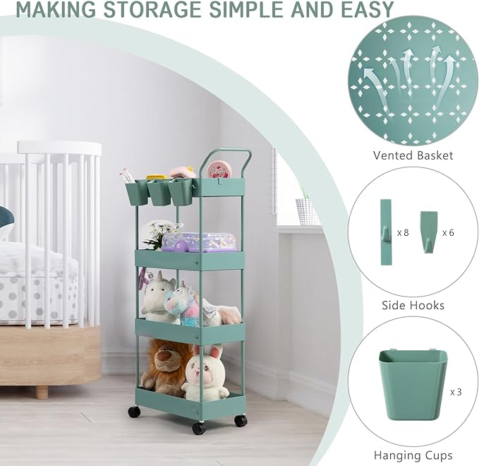 danpinera Slim Storage Cart on Wheels, 4 Tier Narrow Laundry Cart with Hooks Hanging Cups Dividers Mobile Rolling Lash Cart with Handle for Bathroom Small Spaces, Green - LeafyLoom