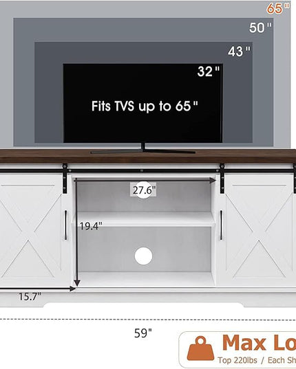 IDEALHOUSE Farmhouse TV Stand, Entertainment Center for 65 Inch TV Media Console Cabinet, White Barn Doors TV Stand with Storage and Shelves, Modern TV Console Table Furniture for Livingroom - LeafyLoom