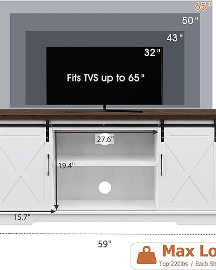 TV Stand for 65 Inch TV, Farmhouse Entertainment Center TV Media Console Table, Tall TV Stand with Storage, Barn Doors and Shelves, White Modern TV Console Cabinet Furniture for Living Room - LeafyLoom