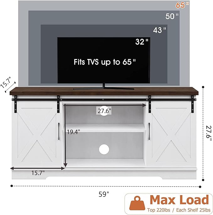 TV Stand for 65 Inch TV, Farmhouse Entertainment Center TV Media Console Table, Tall TV Stand with Storage, Barn Doors and Shelves, White Modern TV Console Cabinet Furniture for Living Room - LeafyLoom