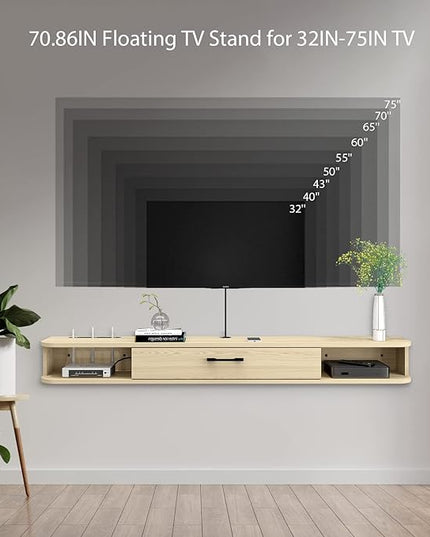 Floating TV Unit, 71'' Wall Mounted TV Cabinet, Floating Shelves with Door, Modern Entertainment Media Console Center Large Storage TV Bench for Living Room & Office (70.86IN, Oak) - LeafyLoom