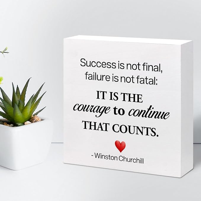 Motivational Wood Box Sign Desk Decor,Success is not Final Failure is not Fatal Wood Plaque Signs,Rustic Positive Wooden Block Sign Decor for Home Office Shelf Desk Table Decoration C1071 - LeafyLoom