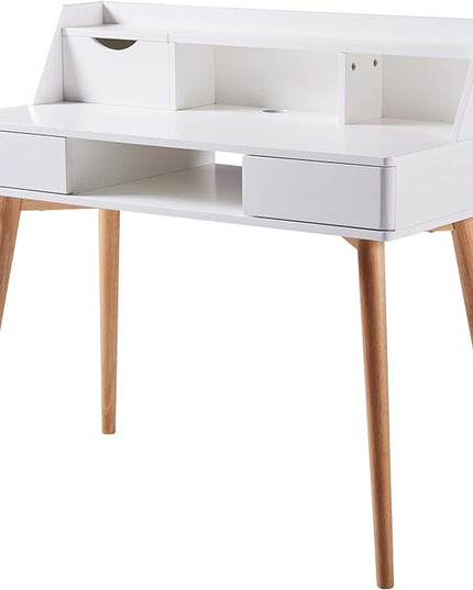 Teamson Home Creativo Writing Study Computer Desk with Solid Wood Legs, Storage Drawers and Open Shelves Hutch for Home Office Living Room Reading Bedroom, 37 inch Height, White - LeafyLoom