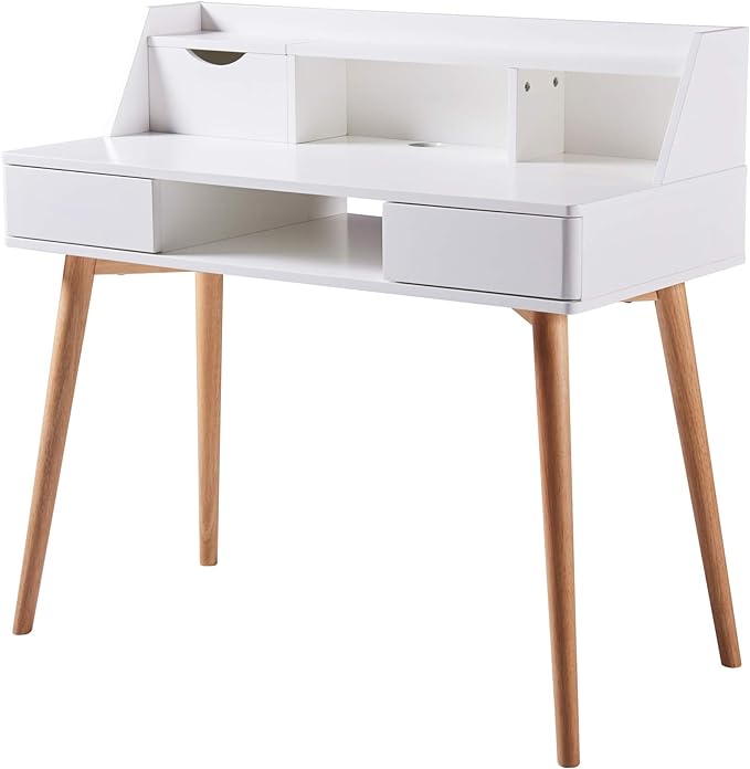 Teamson Home Creativo Writing Study Computer Desk with Solid Wood Legs, Storage Drawers and Open Shelves Hutch for Home Office Living Room Reading Bedroom, 37 inch Height, White - LeafyLoom