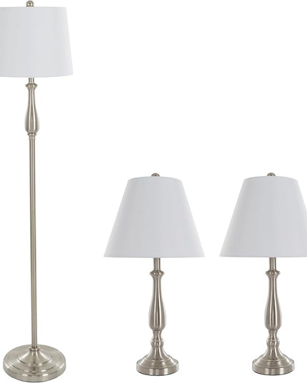 3-Piece Home Lighting Set - Coordinating Bundle with 2 Table Lamps and 1 Floor Lamp for Home and Office Decor by Lavish Home (Silver) - LeafyLoom