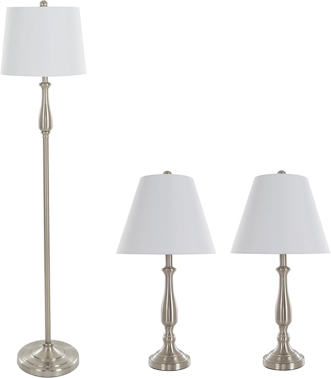 3-Piece Home Lighting Set - Coordinating Bundle with 2 Table Lamps and 1 Floor Lamp for Home and Office Decor by Lavish Home (Silver) - LeafyLoom