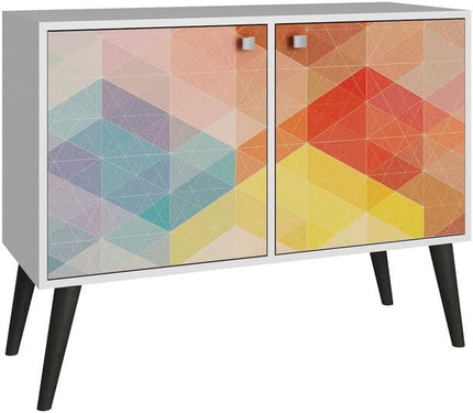Manhattan Comfort Avesta 2.0 Double Sideboard Table with Storage Cabinet for Living Room, Bedroom and Office, TV Console for 32" Screen, Features 2 Doors and 3 Shelves, White/Stamp/Grey - LeafyLoom