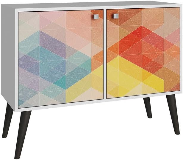 Manhattan Comfort Avesta 2.0 Double Sideboard Table with Storage Cabinet for Living Room, Bedroom and Office, TV Console for 32" Screen, Features 2 Doors and 3 Shelves, White/Stamp/Grey - LeafyLoom