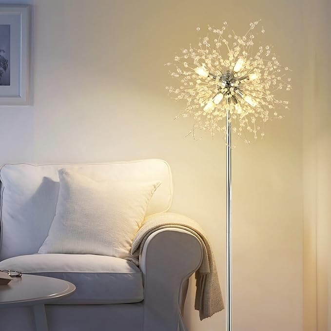 Airposta Crystal Floor Lamp for Bedroom, Floor Lamp for Living Room, Elegant Standing Lamp, 69" Tall Pole Lamp, Modern Floor Lamp for Room Decor, 32 Firework Crystal Harnesses Included, Chrome Finish - LeafyLoom