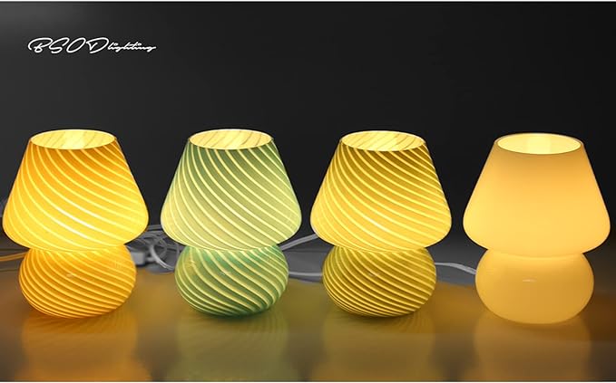 BSOD Mushroom lamp,Glass Mushroom Bedside Table Lamp Translucent Murano Vintage Style Striped Small Nightstand Desklamp Swirl Light for Home Decor, Dining, Living, Bedroom, Gift (Matte White) - LeafyLoom