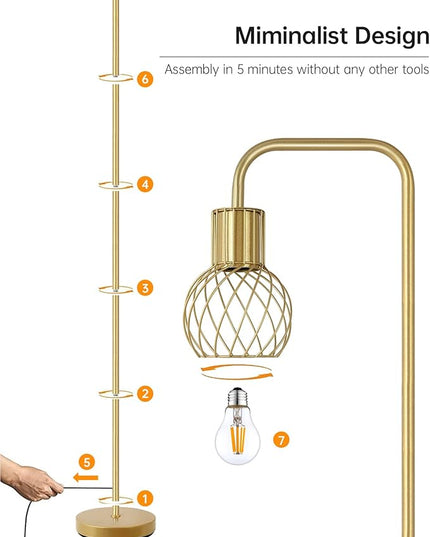 Brass Gold Floor Lamp for Living Room, Modern Industrial Standing Lamp with 6W LED Bulb, Foot Switch, Metal Tall Stand Up Lamp, Minimalist Farmhouse Boho Pole Lamp for Bedroom, Office, Vintage, Rustic - LeafyLoom