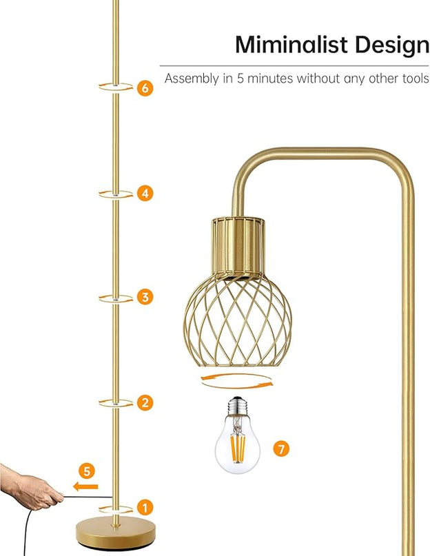 Brass Gold Floor Lamp for Living Room, Modern Industrial Standing Lamp with 6W LED Bulb, Foot Switch, Metal Tall Stand Up Lamp, Minimalist Farmhouse Boho Pole Lamp for Bedroom, Office, Vintage, Rustic - LeafyLoom