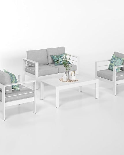 Solaste Outdoor Aluminum Furniture Set - 4 Pieces Patio Sectional Chat Sofa Conversation Set with Table,White - LeafyLoom