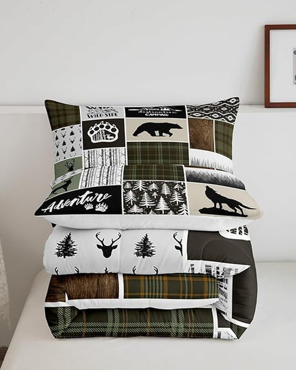 Camper Adventure Kids Comforter Set Queen Size,Deer Antlers Bear Paws Rustic Farmhouse Bedding Set for Boys Girls Adults Room Decor,Atzec Arrows Boho Down Comforter,Camo Duvet Insert,2 Pillowcases - LeafyLoom