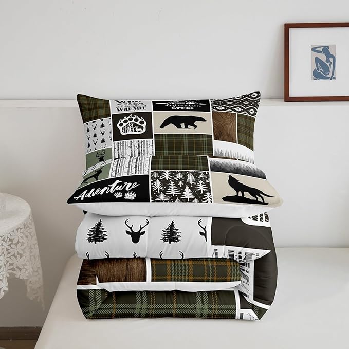 Camper Adventure Kids Comforter Set Twin Size,Deer Antlers Bear Paws Rustic Farmhouse Bedding Set for Boys Girls Adults Room Decor,Atzec Arrows Boho Down Comforter,Camo Duvet Insert,1 Pillowcase - LeafyLoom