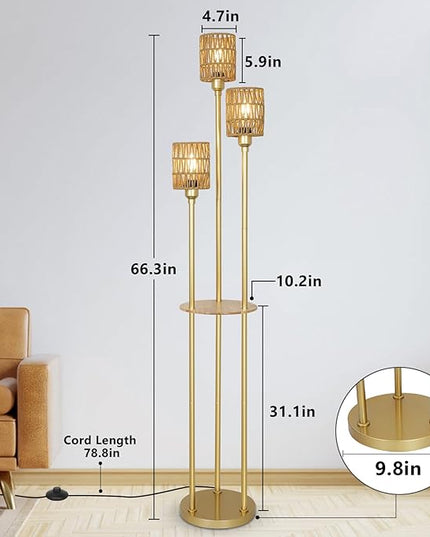 Boho Floor Lamp with Shelves, 3-Lights Farmhouse Tall Floor Lamp with ON/OFF Foot Switch, Gold Modern Floor Lamps with Rattan Shades, Rustic Standing Lamp for Living Room, Bedroom, Office - LeafyLoom