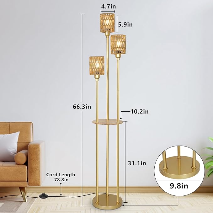 Boho Floor Lamp with Shelves, 3-Lights Farmhouse Tall Floor Lamp with ON/OFF Foot Switch, Gold Modern Floor Lamps with Rattan Shades, Rustic Standing Lamp for Living Room, Bedroom, Office - LeafyLoom