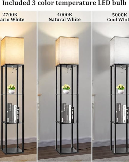 Dott Arts Floor Lamp with Shelves, Floor Lamps for Living Room Decor Display Shelf Lamps with 3 Color LED Bulb, Modern Floor Lamp for Bedroom Standing Lamp for Living Room Office,Home Decor（Black） - LeafyLoom
