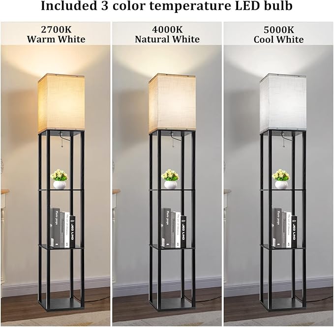 Dott Arts Floor Lamp with Shelves, Floor Lamps for Living Room Decor Display Shelf Lamps with 3 Color LED Bulb, Modern Floor Lamp for Bedroom Standing Lamp for Living Room Office,Home Decor（Black） - LeafyLoom
