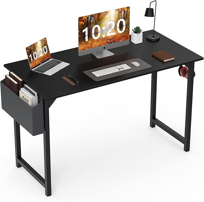 Computer Desk Home Office Desk 47 Inch Writing Desks Small Space Desk Study Table Modern Simple Style Work Table Student Desk PC Table with Storage Bag Headphone Hook Metal Frame for Home, Bedroom - LeafyLoom