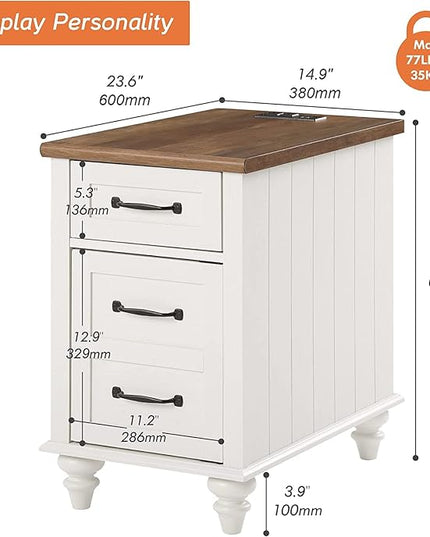 WAMPAT 2 Pack White End Table with Charging Station, Wood Side Sofa Table with Drawer and Storage Cabinet, Modern Nightstand with Power Outlets & USB Ports for Living Room, Bedroom - LeafyLoom