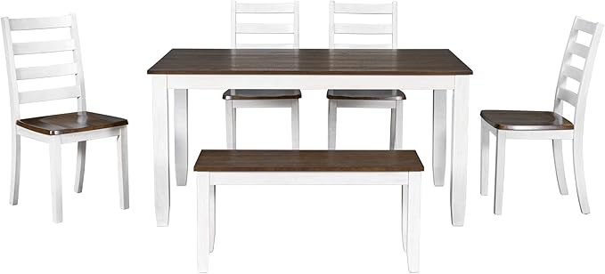 Rustic Style 6-Piece Dining Room Table Set with 4 Ergonomic Designed Chairs & a Bench, Walnut + Cottage White, 60" L x 36" W x 30" H - LeafyLoom