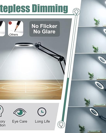 10X Magnifying Glass with Light, Krstlv Real Glass Lens Desk Lamp & Clamp, 3 Color Modes Stepless Dimmable, Hands Free LED Lighted Magnifier with Light and Stand for Reading Crafts Repair Close Works - LeafyLoom