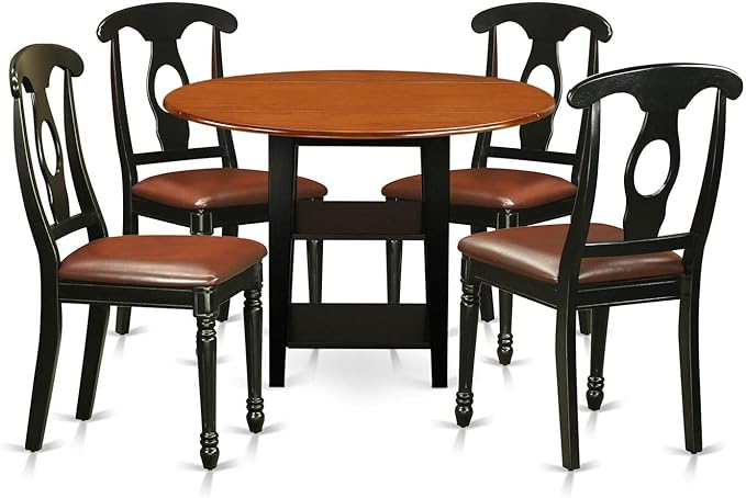 East West Furniture SUKE5-BCH-LC Sudbury 5 Piece Set for 4 Includes a Round Table with Dropleaf & Shelves and 4 Faux Leather Kitchen Dining Chairs, 42x42 Inch - LeafyLoom
