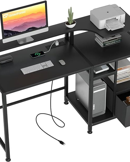 GreenForest 55 inch Computer Desk with Drawers and Outlets, Home Office Desk with Storage and Printer Shelf, Work Desk with Fabric File Drawer, Study Desk with Monitor Stand, Computer Table, Black - LeafyLoom