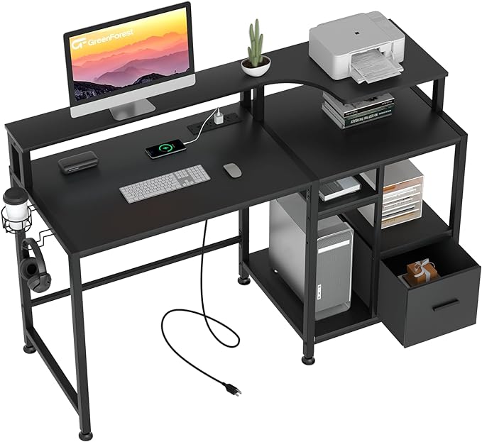 GreenForest 55 inch Computer Desk with Drawers and Outlets, Home Office Desk with Storage and Printer Shelf, Work Desk with Fabric File Drawer, Study Desk with Monitor Stand, Computer Table, Black - LeafyLoom