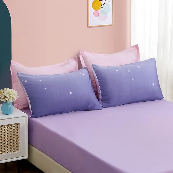 Dinjoy Girls Women Comforter Set King Size Ombre Pink Purple Rainbow Bedding Set 7 Pieces Bed in A Bag for Teen Adult (1 Comforter, 1 Flat Sheet, 1 Fitted Sheet, Pillow shams & Pillowcases) - LeafyLoom