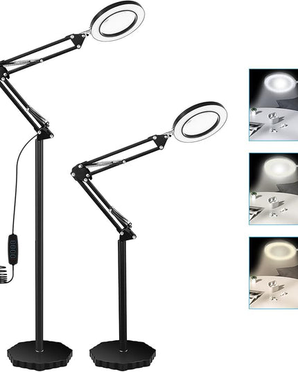 8X Magnifying Glass with Light and Stand, 3 Color Temperatures, Adjustable Brightness Magnifying Floor Lamp, Swing Arm Lighted Magnifier for Reading, Crafts and Close Work - LeafyLoom