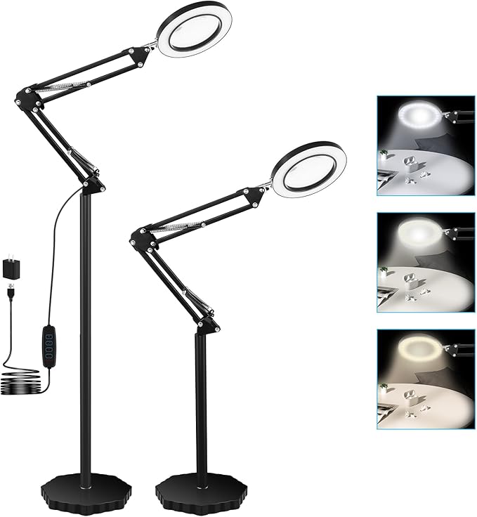 8X Magnifying Glass with Light and Stand, 3 Color Temperatures, Adjustable Brightness Magnifying Floor Lamp, Swing Arm Lighted Magnifier for Reading, Crafts and Close Work - LeafyLoom