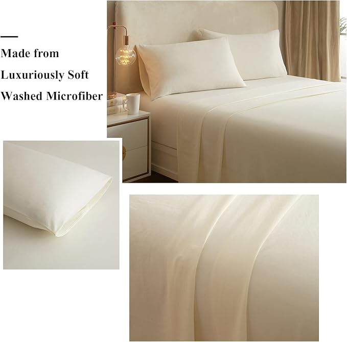 Cream White Queen Sheets Set 4 Piece Cooling Bedding Sheets Set - Breathable Bedding Sheets & Pillowcases Set - Easy Fit Deep Pockets 16 Inch,Queen Size Bed Sheets Cream - LeafyLoom