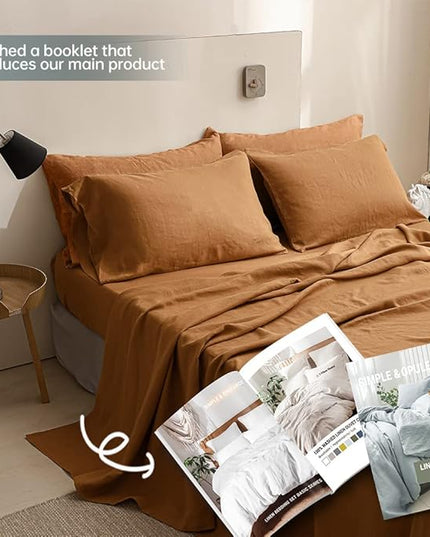 Simple&Opulence 100% Linen Sheet Set Solid Color- 6 Pcs Washed French Flax Bed Sheets (1 Flat Sheet, 1 Fitted Sheet, 4 Pillowcases) - Breathable Home Collection (Basic Rust, Queen) - LeafyLoom