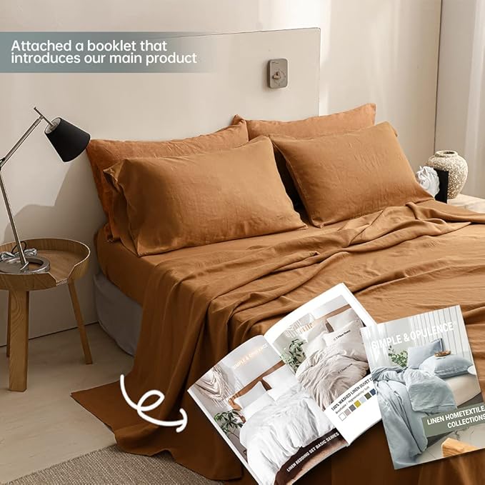Simple&Opulence 100% Linen Sheet Set Solid Color- 6 Pcs Washed French Flax Bed Sheets (1 Flat Sheet, 1 Fitted Sheet, 4 Pillowcases) - Breathable Home Collection (Basic Rust, Queen) - LeafyLoom