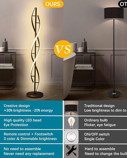 Modern Spiral Floor Lamps for Living Room, 40W LED Floor Lamp with Remote Control, 60 Inch 3 Color Temperatures & Dimmable Brightness Corner Standing Lamp Black Floor Lamp for Bedroom, Office - LeafyLoom