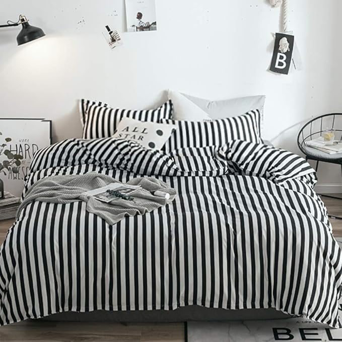 White&Black Stripes Comforter Set Full Women Bedding Set Soft Durable White Striated Bedding Set Black Stripes Ticking Quilts Hotel Quality Comforter Set Girls boy White Black Stripes Bed Set - LeafyLoom