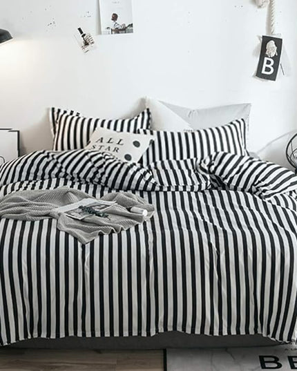 White and Black Striped Comforter Set Full/Queen Soft Durable Striated Bedding Set Ticking Quilts for Girls Boys Hotel Quality - LeafyLoom