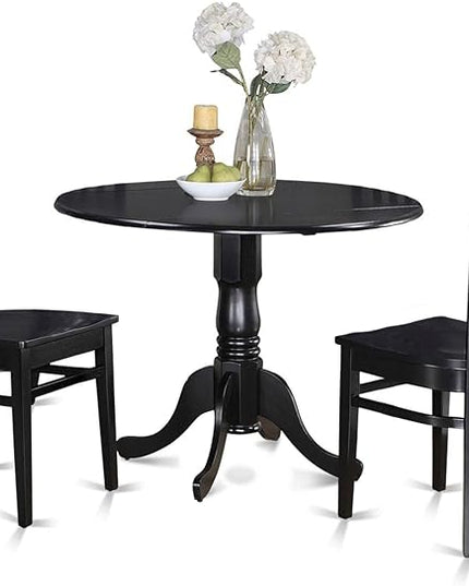 East West Furniture Dublin 3 Piece Set for Small Spaces Contains a Round Dining Room Table with Dropleaf and 2 Wood Seat Chairs, 42x42 Inch, Black - LeafyLoom