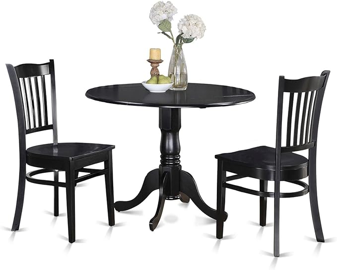 East West Furniture Dublin 3 Piece Set for Small Spaces Contains a Round Dining Room Table with Dropleaf and 2 Wood Seat Chairs, 42x42 Inch, Black - LeafyLoom