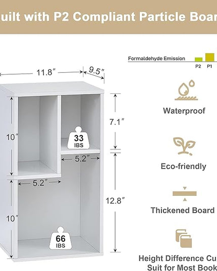 VECELO 3-Cube Open Bookcase, Small Bookshelf with Height Difference Shelves for Most Books, Horizontal Available, 2-Tier Storage Organizer for Home Office, Living Room, Pearl White - LeafyLoom