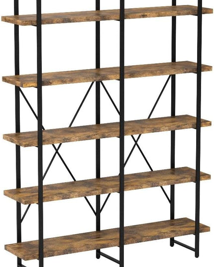 IRONCK Industrial Bookshelf and Bookcase Double Wide 5 Tier, Large Open Shelves, Wood and Metal Bookshelves for Home Office Furniture, Easy Assembly - LeafyLoom