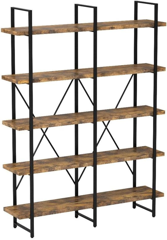 IRONCK Industrial Bookshelf and Bookcase Double Wide 5 Tier, Large Open Shelves, Wood and Metal Bookshelves for Home Office Furniture, Easy Assembly - LeafyLoom