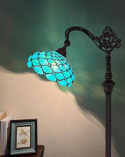 Capulina Tiffany Floor Lamp 62 Inches Tall Seagrass Blue Beads Style Stained Glass Soft Light Arched Gooseneck Adjustable Angle Reading Lamp for Living Room Bedroom Home Office - LeafyLoom