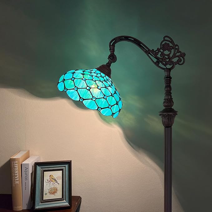 Capulina Tiffany Floor Lamp 62 Inches Tall Seagrass Blue Beads Style Stained Glass Soft Light Arched Gooseneck Adjustable Angle Reading Lamp for Living Room Bedroom Home Office - LeafyLoom