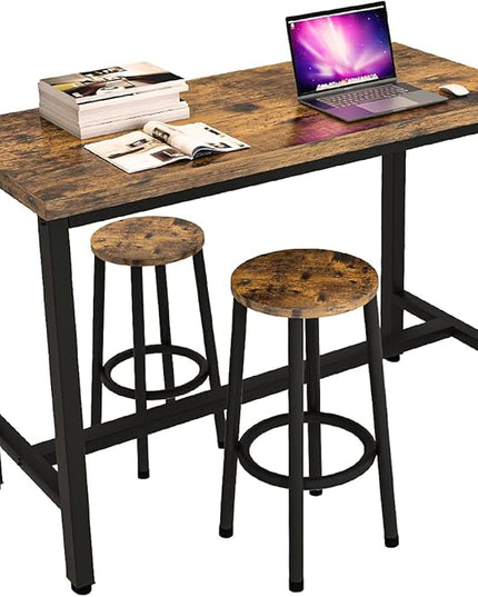 Recaceik 3 Piece Pub Dining Set, Modern bar Table and Stools for 2 Kitchen Counter Height Wood Top Bistro Easy Assemble for Breakfast Nook Living Room Small Space Restaurant, Rustic Brown 47" - LeafyLoom