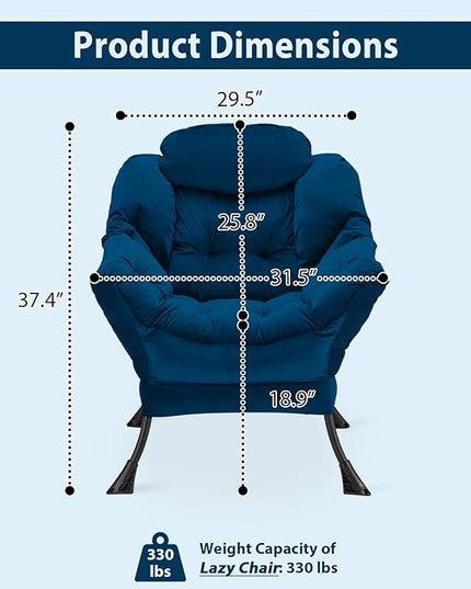 Lazy Chair Thick Padded, Accent Chair Velvet Upholstered with Wide Seat, Stable Metal Frame and Non-Slip Pad, Modern Sofa Armchair with Side Storage Bag for Dorm, Room, Office, Blue - LeafyLoom